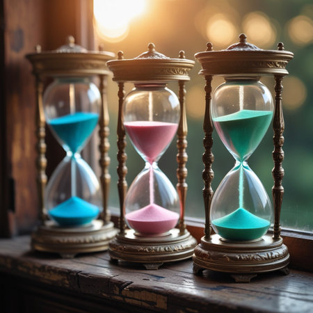 Hourglass in vintage style on a wooden background. Concept of time.の素材