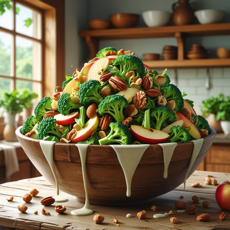 Healthy vegetarian salad with apples, broccoli, walnuts and pecan nutsの素材