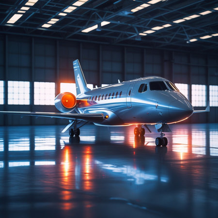 White private jet in the hangar. 3d rendering toned imageの素材