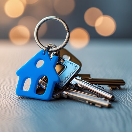 Keychain with key chain in shape of house on bokeh backgroundの素材