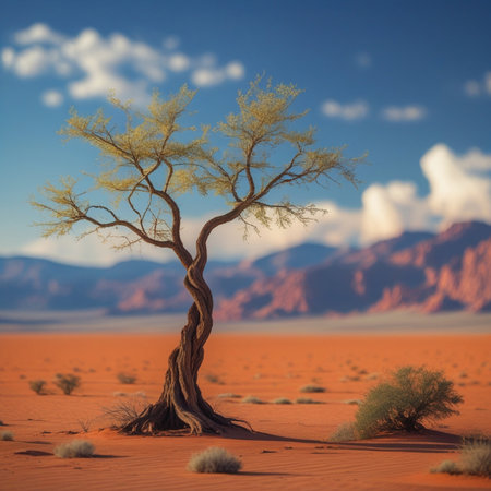 Desert landscape with a tree in the middle of the desert.の素材