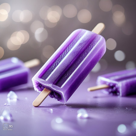 Fruit ice cream popsicles on a purple background with bokehの素材