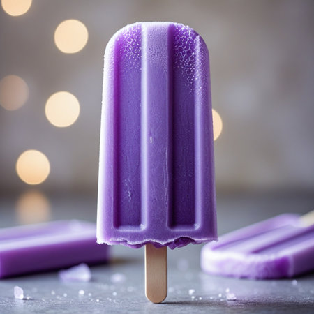 Homemade ice cream on a stick in purple color, selective focusの素材