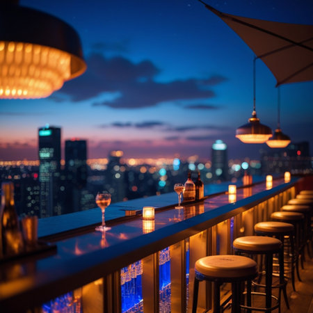 Restaurant with view of the city in the evening. Selective focus.の素材