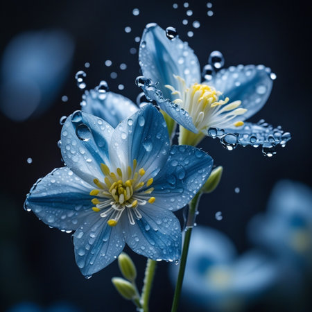 Beautiful blue flowers with drops of water on a dark background.の素材