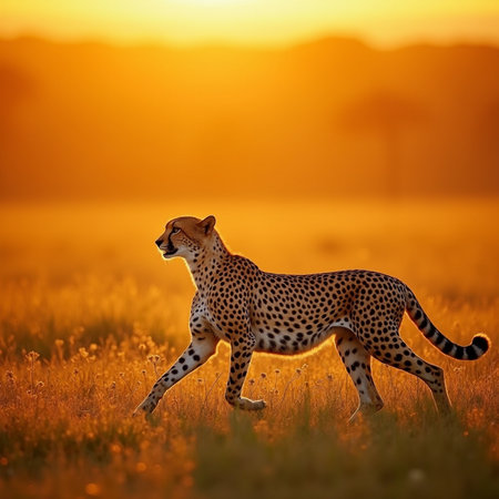 Cheetah walking in the grass at sunset in Serengeti National Park, Tanzaniaの素材