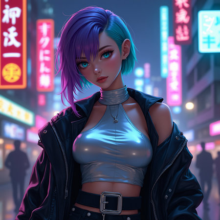 3D rendering of a beautiful girl with blue hair in the cityの素材