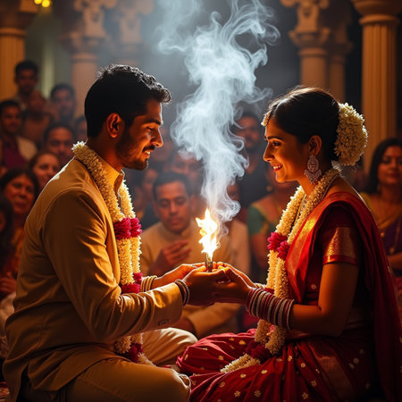 Indian couple lighting diwali or lighting a candle in a templeの素材