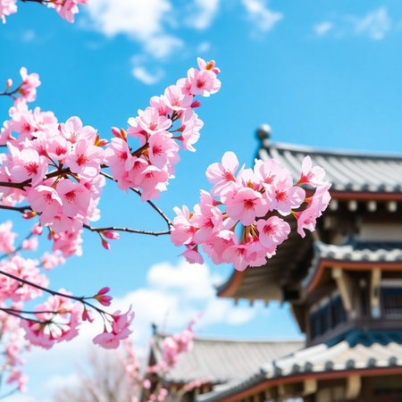 cherry blossom in Japanese temple with blue sky backgroundの素材