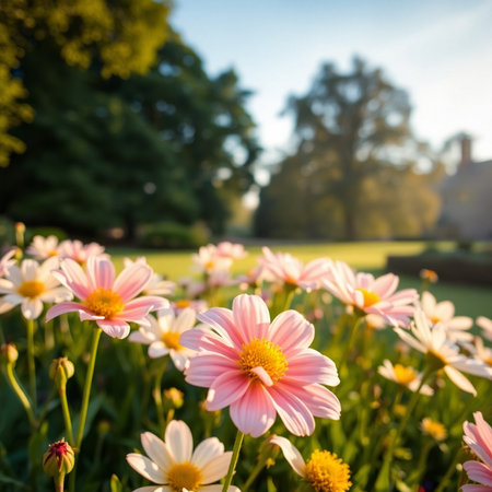 Pink daisies in the garden at sunset. Summer landscape.の素材