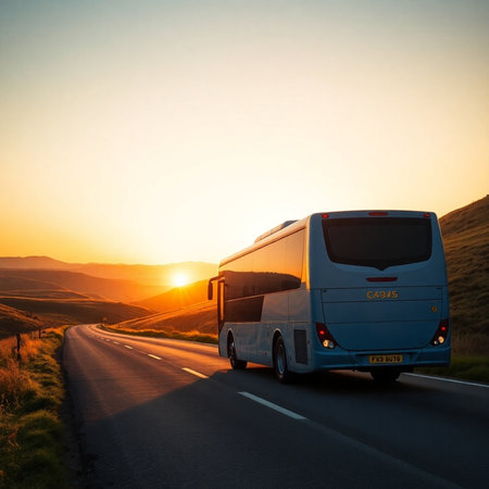 Tourist bus on the road in the mountains at sunset. Travel and transport concept.の素材