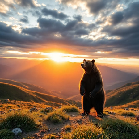 Brown bear stands on the top of the mountain and looks at the sunsetの素材