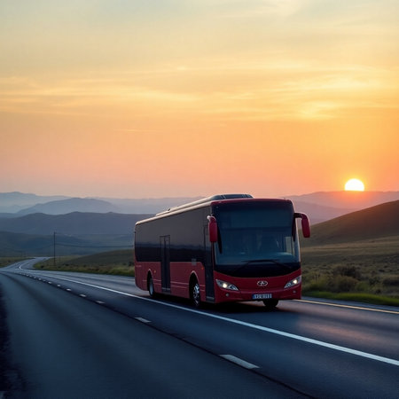 Bus on the highway at sunset. Concept of travel and transportation.の素材