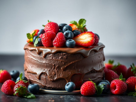 Homemade chocolate cake with fresh berries and mint, selective focus.の素材