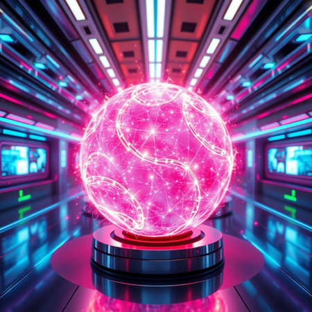 Glowing sphere with glowing lines on pedestal. Futuristic background. 3D renderingの素材