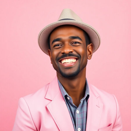 Portrait of a happy young African American man in a hat on a pink backgroundの素材