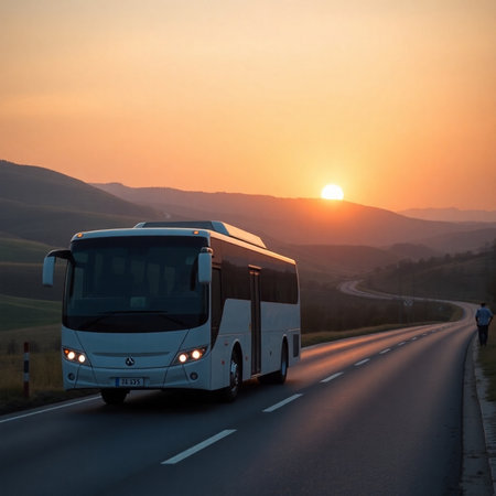 Bus on the road at sunset in Tuscany, Italy.の素材