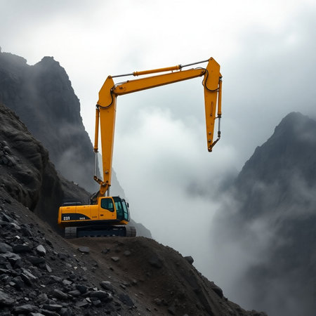 excavator on the background of a mountain peak in the cloudsの素材