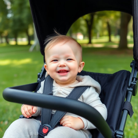 Portrait of a cute baby sitting in a stroller in the parkの素材