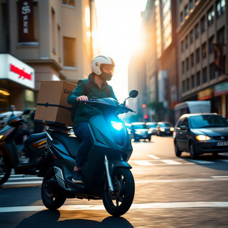 Delivery man on scooter in the city. Express delivery concept.の素材