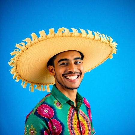 Portrait of a young man wearing Mexican sombrero on blue backgroundの素材