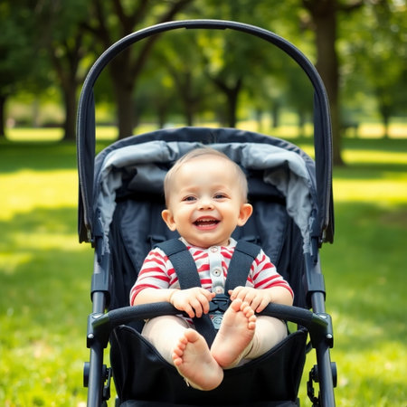 Adorable baby boy sitting in pram on green grass in parkの素材