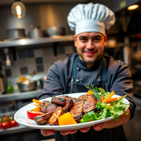 Chef holding a plate with grilled meat and vegetables in the kitchenの素材