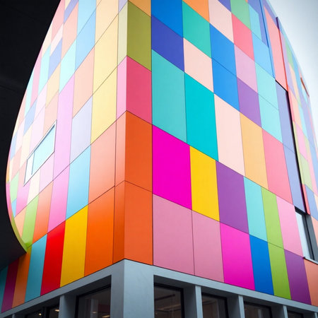 Detail of the facade of a modern office building with colorful wallsの素材