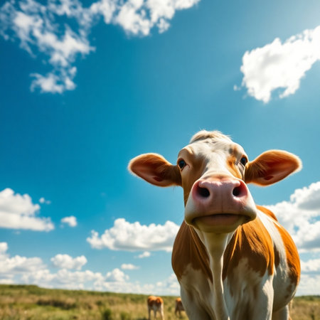 Portrait of a cow on a background of blue sky and cloudsの素材