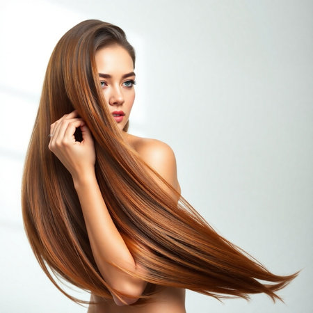 Beautiful young woman with long healthy hair. Portrait of fashion model girlの素材