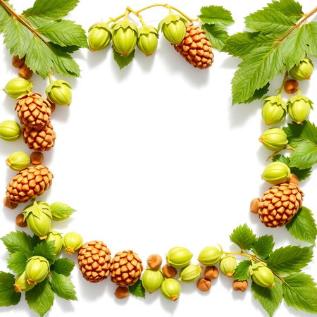 Frame made of hop cones and green leaves isolated on white background.の素材