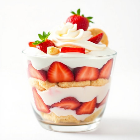 Strawberry dessert in a glass with whipped cream on white backgroundの素材