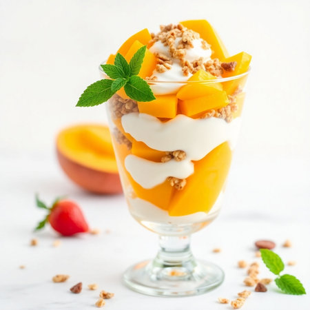 Mango and yogurt parfait with granola in a glass, squareの素材