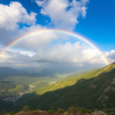 Rainbow over the mountains. Beautiful summer landscape with a rainbow.の素材