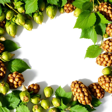 Frame of hop cones and green leaves on white background with copy spaceの素材