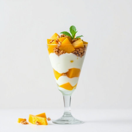 Greek yogurt parfait with granola and mango in glass on white backgroundの素材