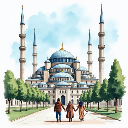Eid mubarak background with mosque and people. Vector illustrationの素材