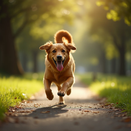 Golden retriever running in the park. Shallow depth of field.の素材