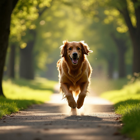 Golden Retriever dog running in a park on a sunny dayの素材