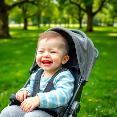Portrait of a baby boy sitting in a stroller in the parkの素材