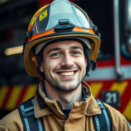 Portrait of a smiling firefighter standing in front of a fire engineの素材