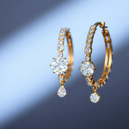 Jewelry diamond earrings on a blue background. Fashion jewelry.の素材
