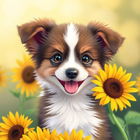 Cute puppy with sunflowers on green background. Vector illustration.の素材
