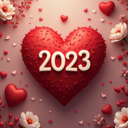 Happy new year 2023 with red heart and flowers on pink backgroundの素材