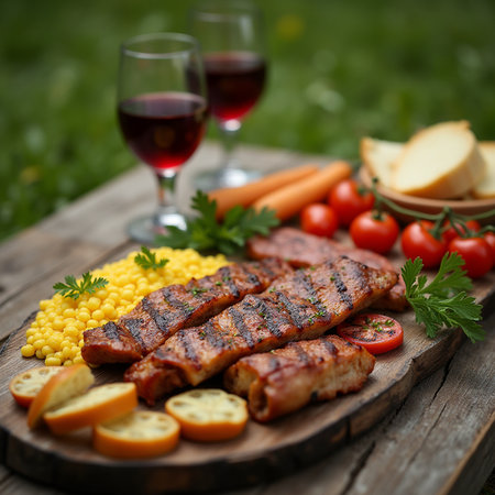 Grilled pork ribs with vegetables and glass of red wine on wooden backgroundの素材