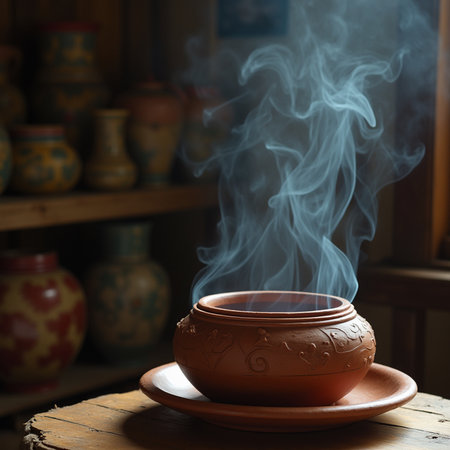 Clay pot with hot steam on the wooden table in the kitchenの素材