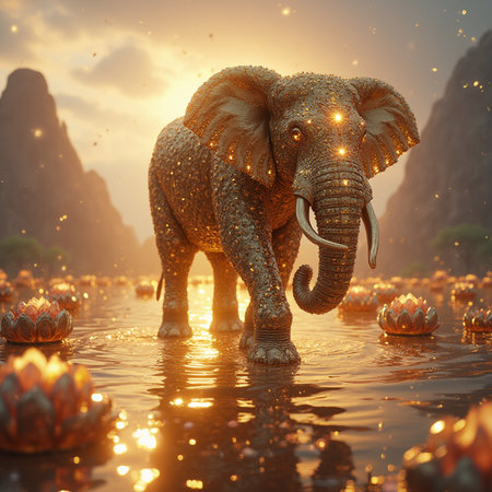 Elephants in the river at sunset. 3D illustration.の素材