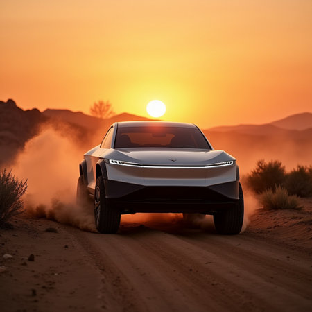 3D rendering of a sports car in the desert at sunset.の素材
