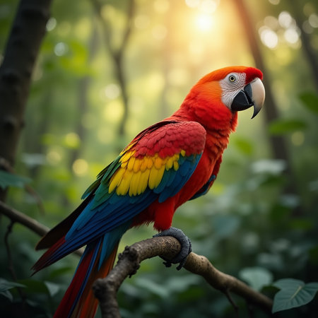 Colorful macaw parrot sitting on the branch in the forestの素材
