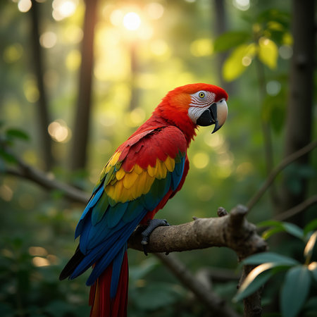 beautiful Scarlet macaw bird sitting on a branch in the forestの素材